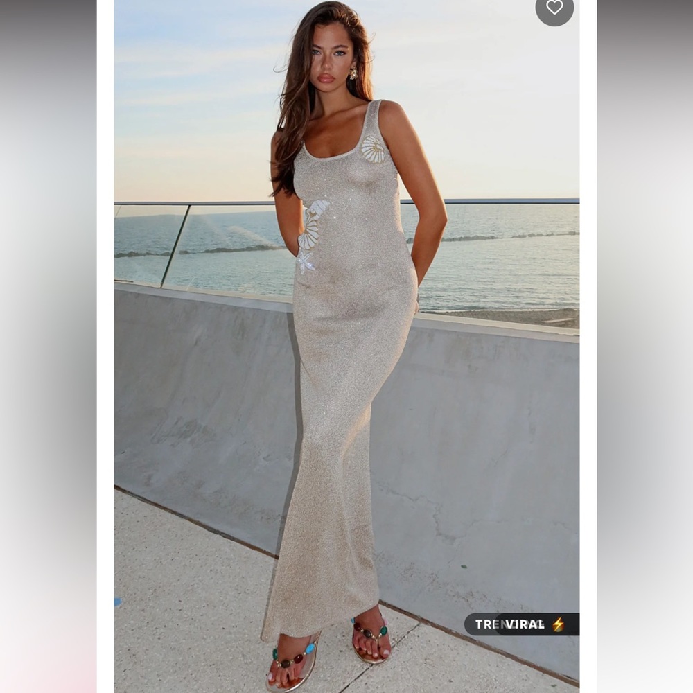 White Fox Boutique Marine Mist Sequin Knit Maxi Dress Champagne - Picture 6 of 11